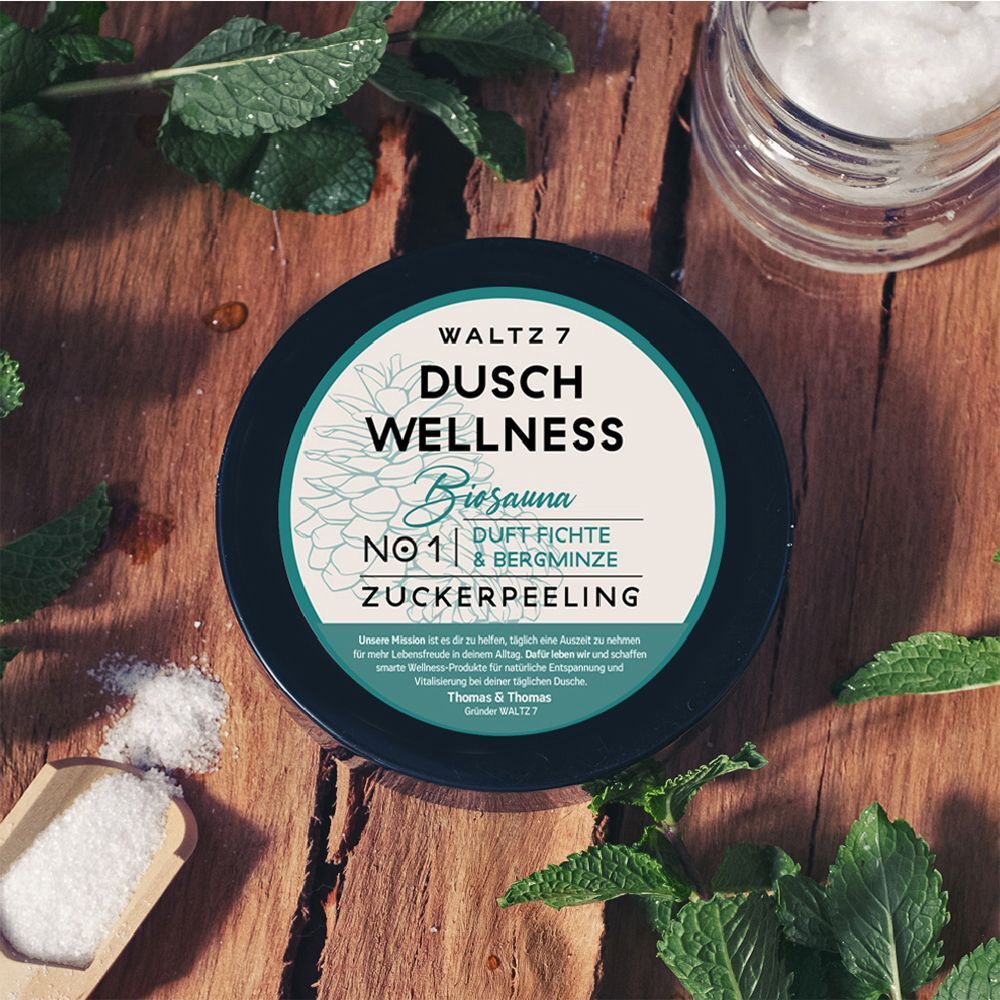 Deckelansicht des WALTZ 7 Dusch Wellness Zuckerpeelings mit Fichte & Bergminze Duft.