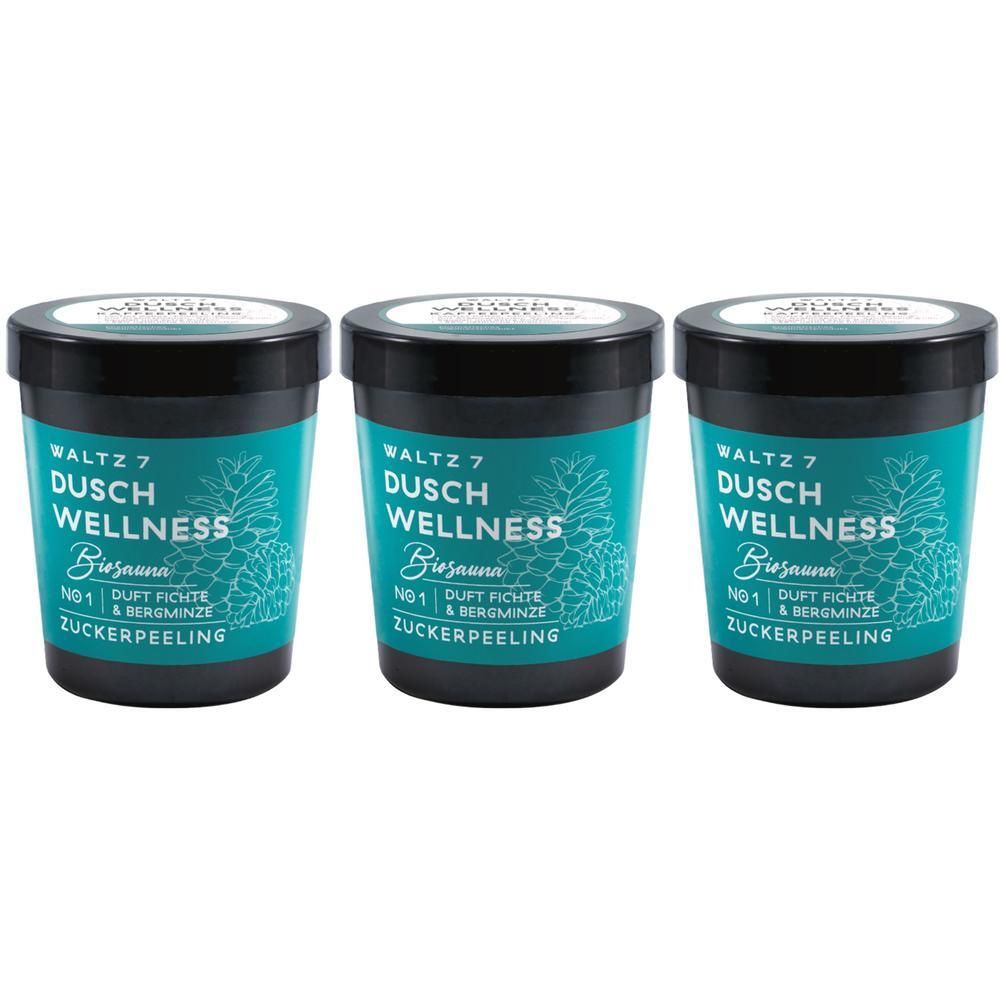 Drei Behälter WALTZ 7 Dusch Wellness Zuckerpeeling mit Fichte und Bergminze Duft.