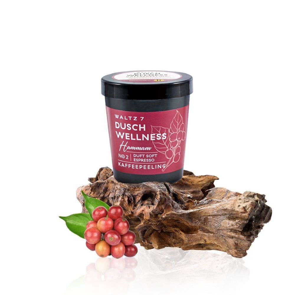 Ein Behälter WALTZ 7 Dusch Wellness Hammam Kaffeepeeling auf Holz mit Kaffeekirschen.