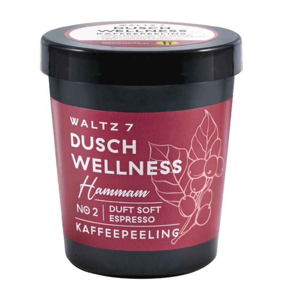 WALTZ 7 Dusch Wellness Hammam Duft Soft Espresso Kaffeepeeling in schwarzem Tiegel mit rotem Etikett.
