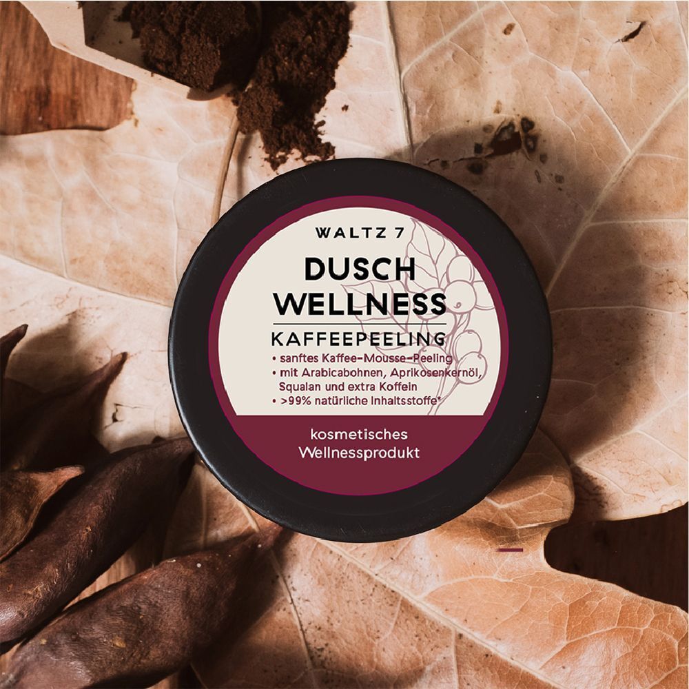 Deckelansicht des WALTZ 7 Dusch Wellness Kaffeepeeling mit Inhaltsstoffen.