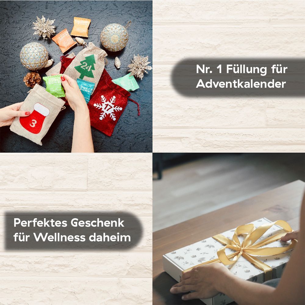 Vierteilige Collage: Hände füllen Adventskalender, Text 'Nr. 1 Füllung für Adventskalender', Text 'Perfektes Geschenk für Wellness daheim', Hände schließen Geschenkbox.