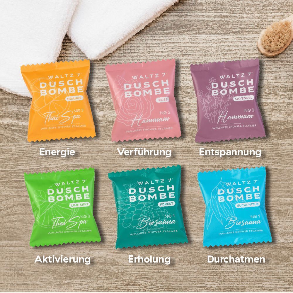 Sechs einzeln verpackte WALTZ 7 Duschbomben in den Düften Thai Spa, Hammam, Lavendel, Lime Mint, Forest, Eucalyptus.