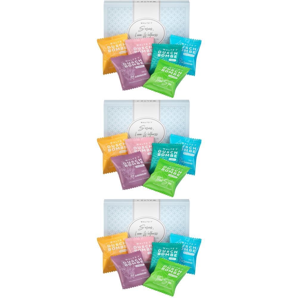 WALTZ 7 Duschwellness-Probierset: 6 einzeln verpackte Duschbomben in bunten Farben, in einer Geschenkbox.