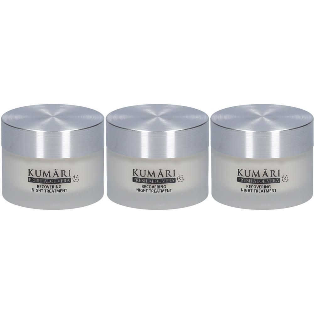 Drei KUMARI RECOVERING NIGHT TREATMENT Cremetiegel mit silbernen Schraubdeckeln.