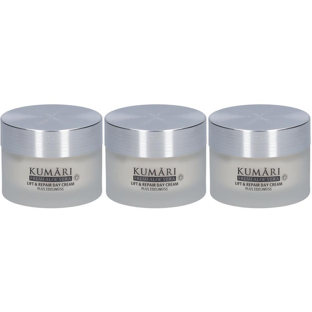 Drei KUMARI Lift & Repair Tagescreme Tiegel mit silbernen Deckeln.