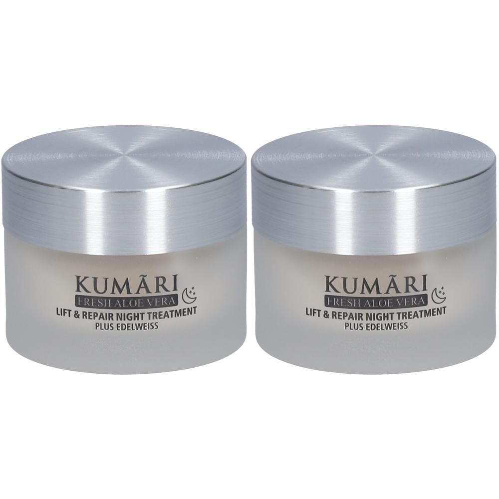 Zwei Kumari Tiegel mit silbernen Schraubdeckeln. Auf den Tiegeln steht "KUMARI FRESH ALOE VERA LIFT & REPAIR NIGHT TREATMENT PLUS EDELWEISS".