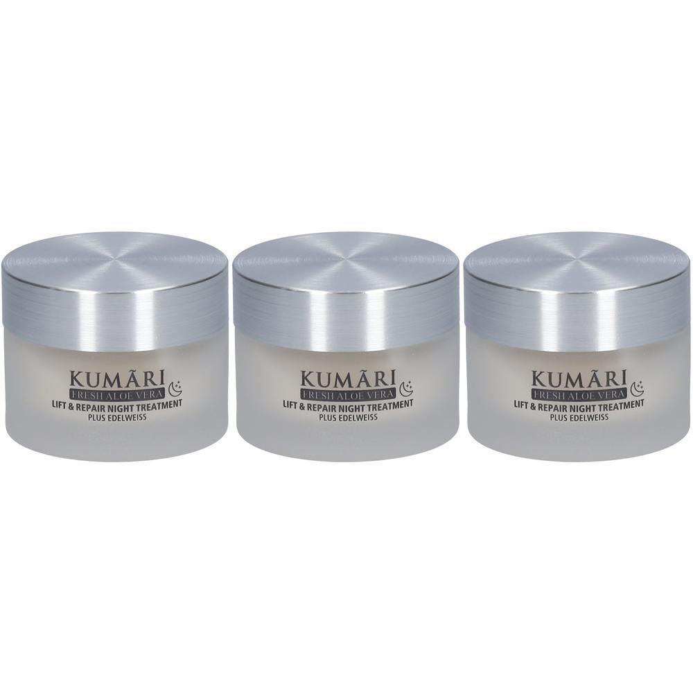 Drei KUMARI Tiegel mit silbernen Schraubverschlüssen. Aufschriften: KUMARI LIFT & REPAIR NIGHT TREATMENT PLUS EDELWEISS.