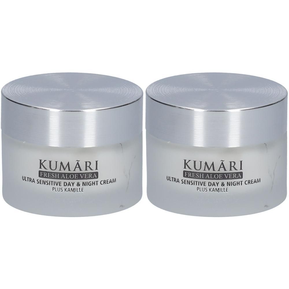 Zwei KUMARI Ultra Sensitive Tages- & Nachtcreme Tiegel mit silbernen Deckeln.