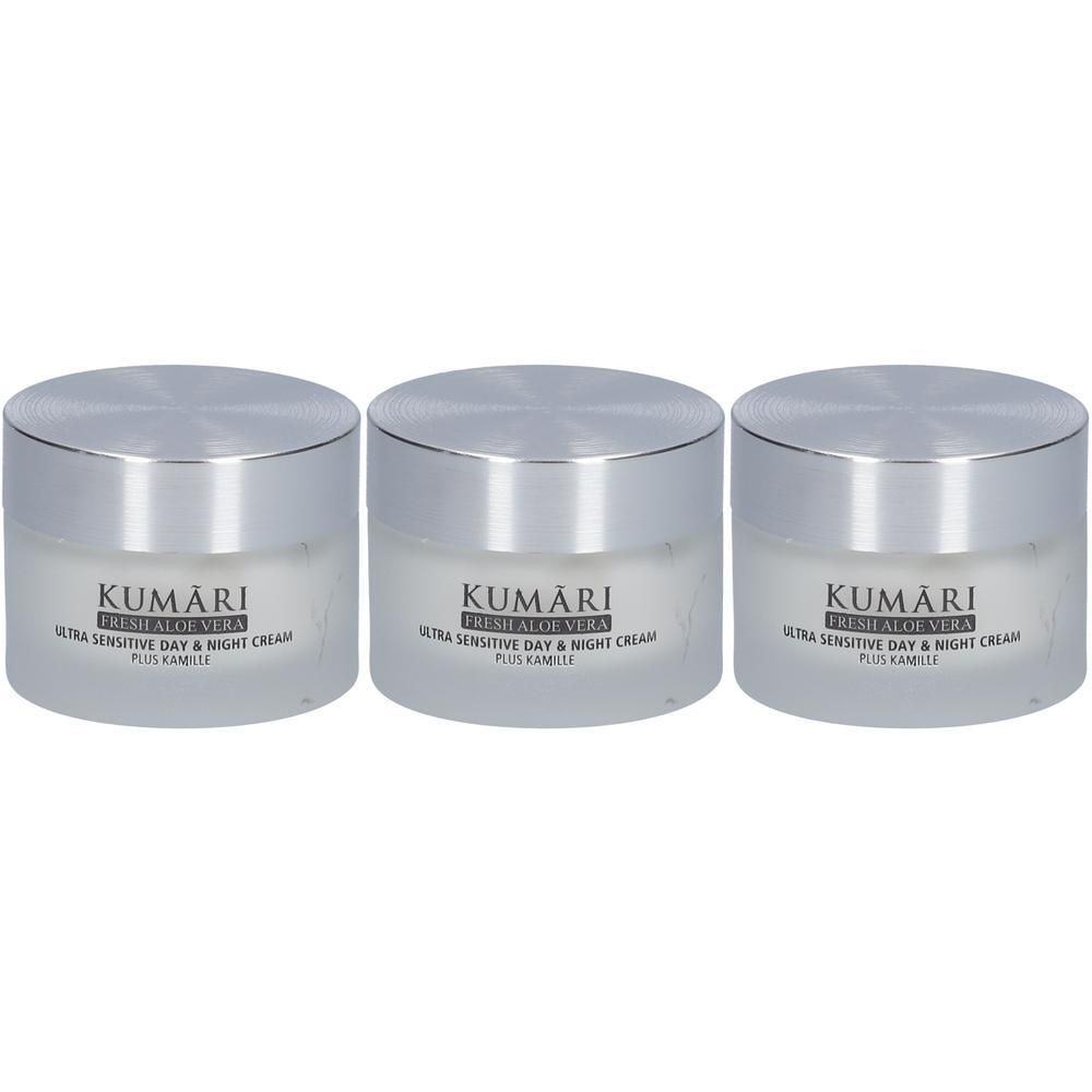 Drei KUMARI Ultra Sensitive Tages- und Nachtcreme-Tiegel mit silbernen Deckeln.