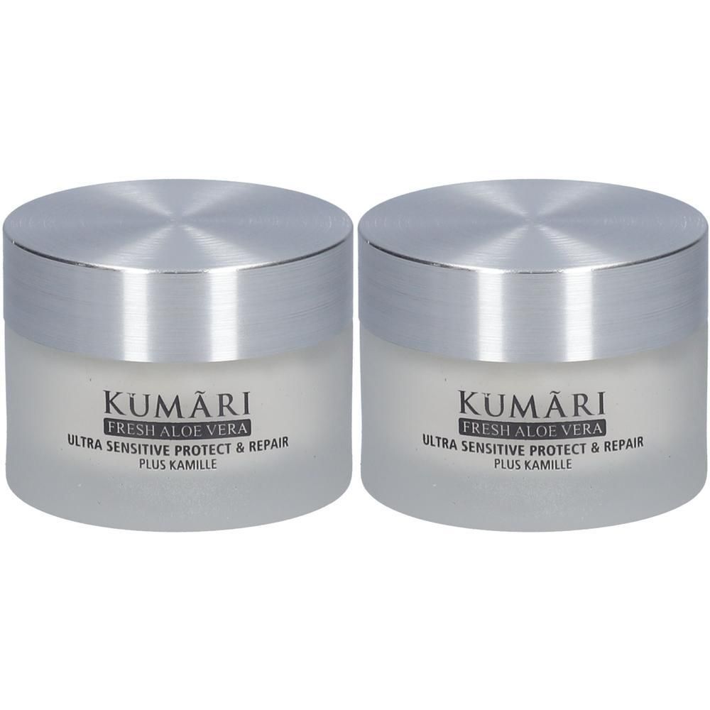 Zwei KUMARI Cremetiegel mit silbernen Deckeln. Beschriftung: Fresh Aloe Vera, Ultra Sensitive Protect & Repair.