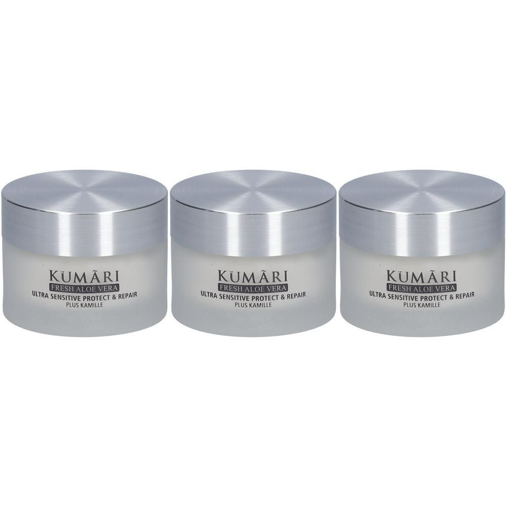 Drei KUMARI Ultra Sensitive Protect & Repair Cremetiegel mit silbernen Deckeln.