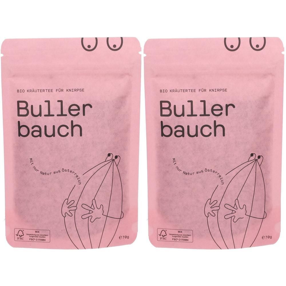 Zwei Packungen Bio-Kräutertee für Säuglinge mit der Aufschrift 'BULLER BAUCH'. Rosa Verpackung mit Illustrationen.