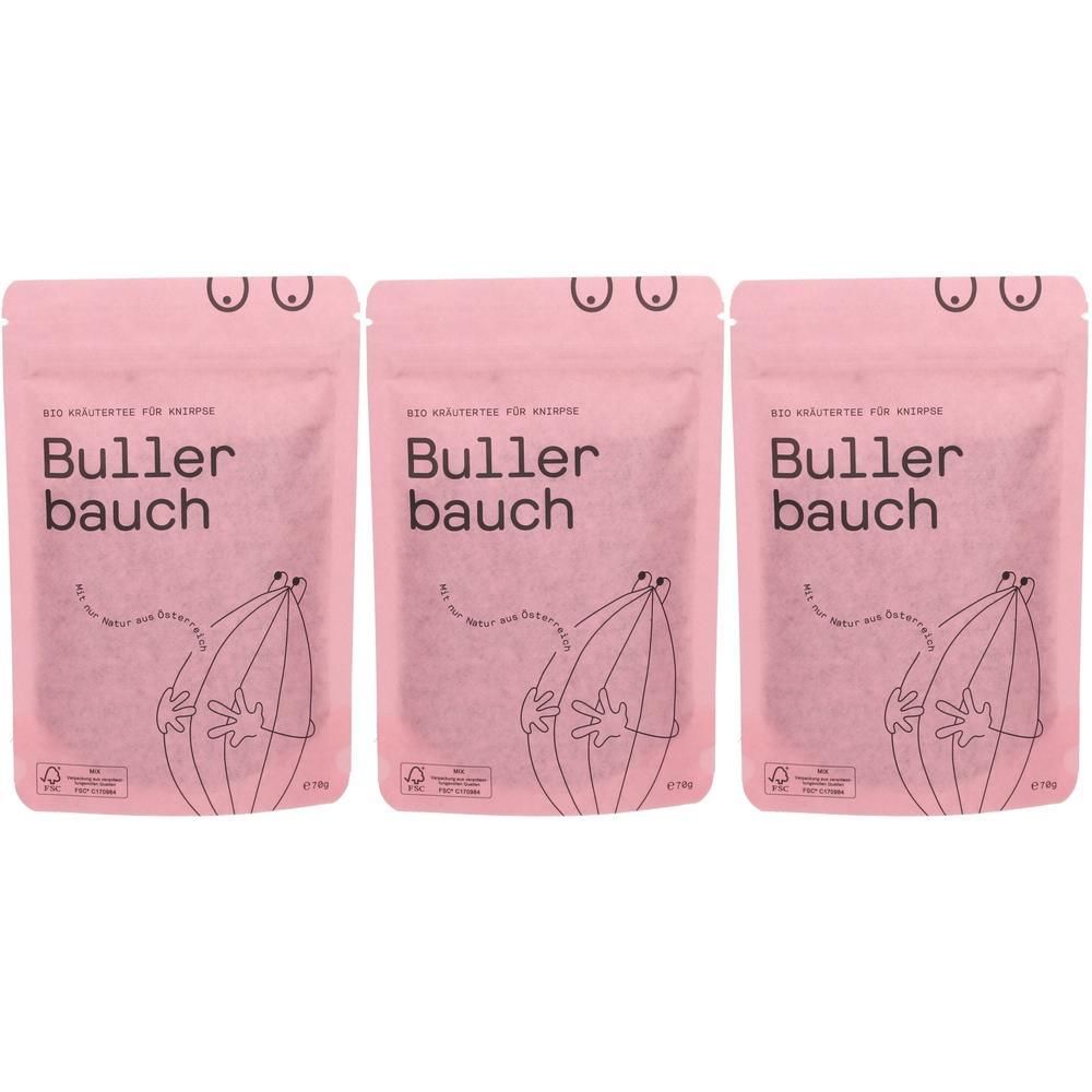 Drei Packungen des Bio-Bäuchleintees 'Bullerbauch' in Rosa mit Illustrationen und Siegeln.