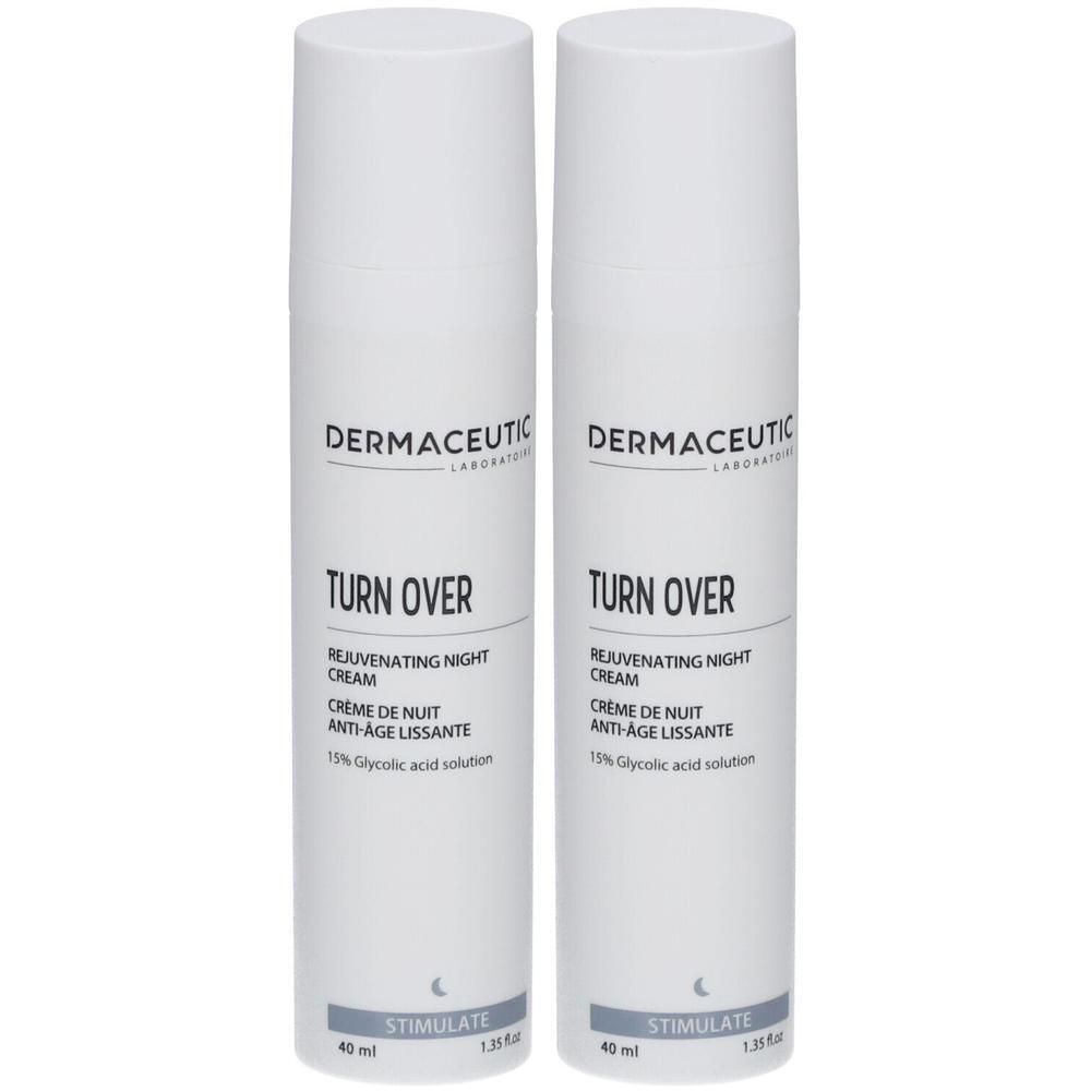 Zwei weiße Spenderflaschen Dermaceutic Turn Over Rejuvenating Night Cream, je 40 ml.