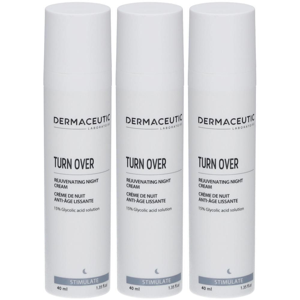 Drei weiße Flaschen Dermaceutic Turn Over Rejuvenating Night Cream mit 40 ml Inhalt.