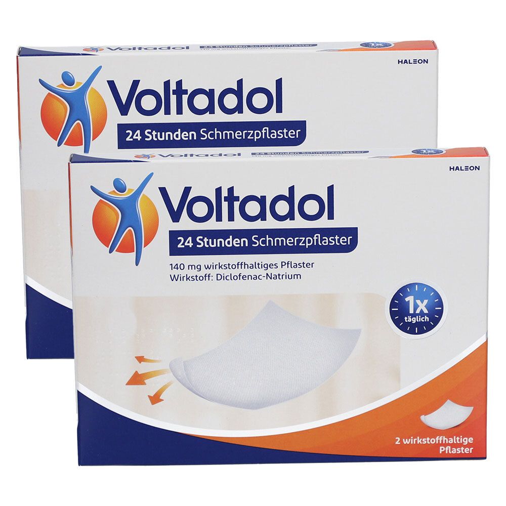 Zwei Packungen Voltadol 24 Stunden Schmerzpflaster mit je 2 Pflastern. Wirkstoff: Diclofenac-Natrium.