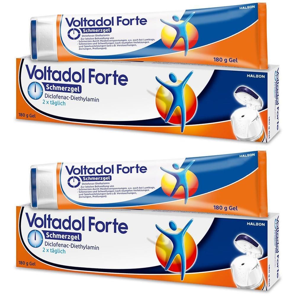 Vier Tuben Voltadol Forte Schmerzgel mit 180 g Gel.