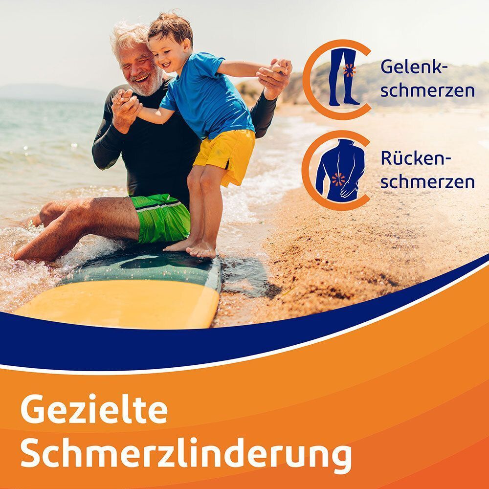 Mann und Kind am Strand, mit Symbolen für Gelenk- und Rückenschmerzen.