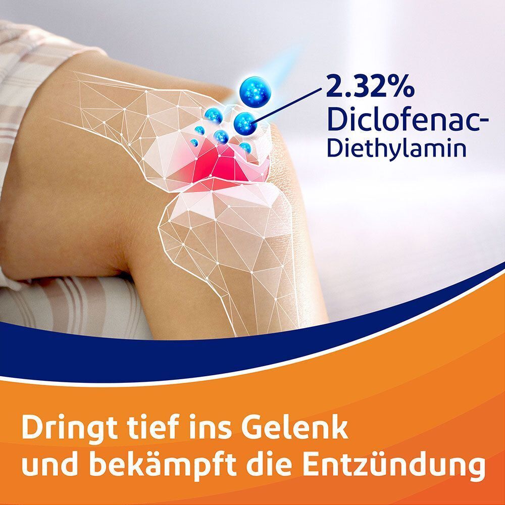 Nahaufnahme eines Knies mit schematischer Darstellung, 2,32% Diclofenac-Diethylamin.