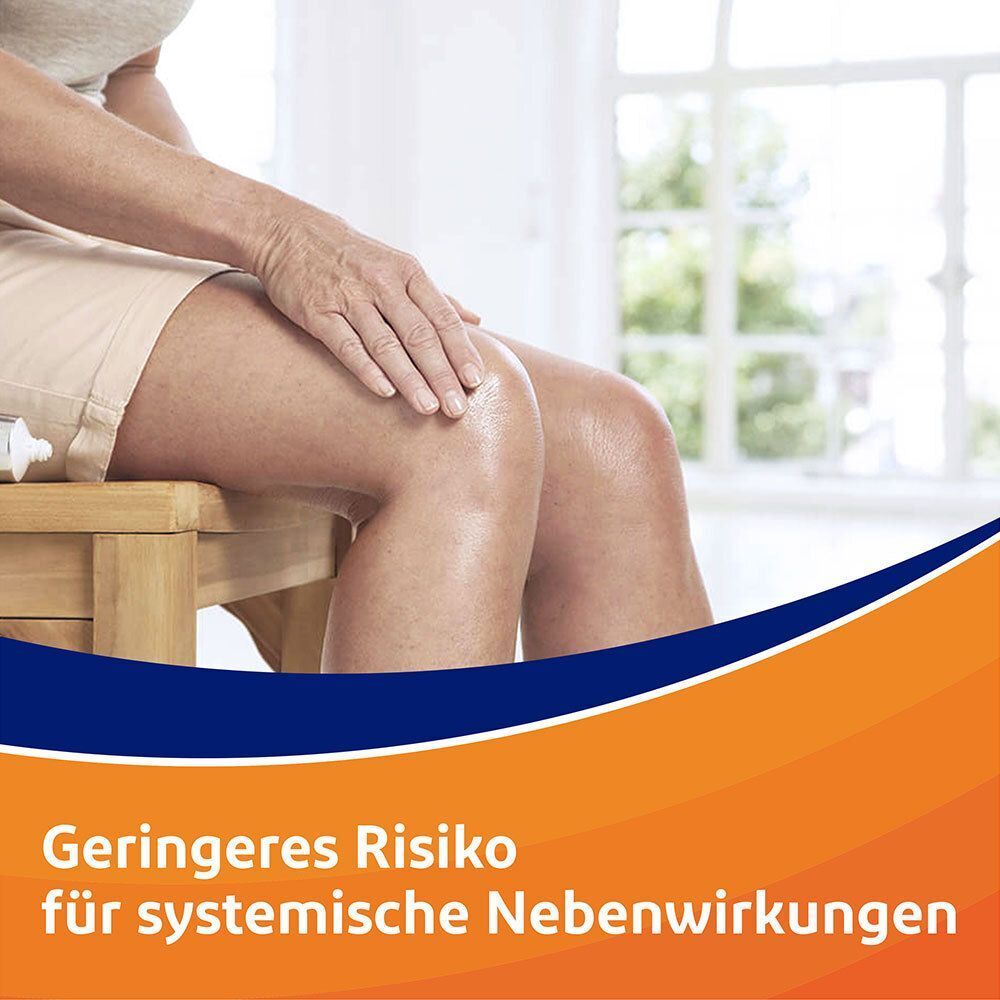 Person reibt sich das Knie ein, mit Text über geringeres Risiko für systemische Nebenwirkungen.