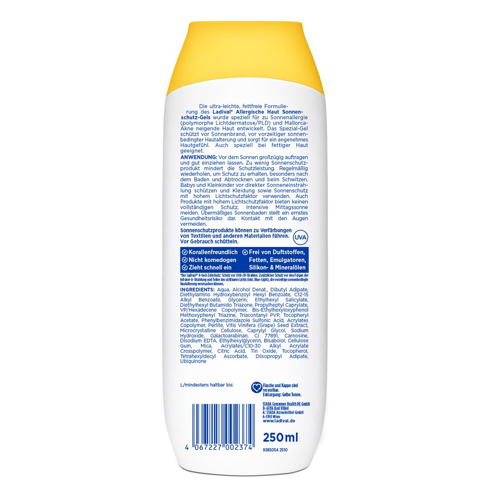 Rückseite Ladival Sonnenschutz-Gel LSF 50+ mit Anwendungshinweisen und Inhaltsstoffen.