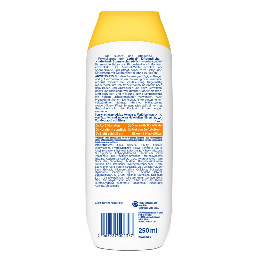 Rückseite Ladival Sonnenschutzmilch für Kinder, LSF 50+. Enthält Inhaltsstoffe und Anwendungshinweise.