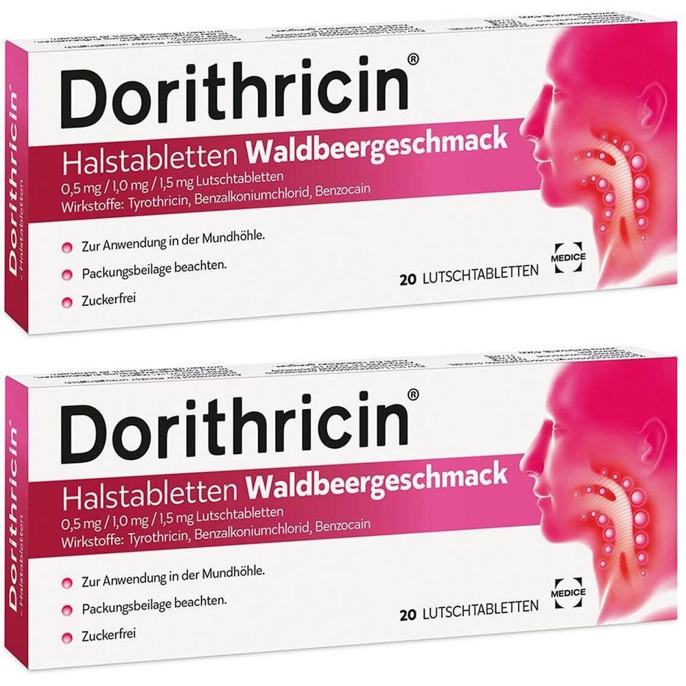 Zwei Packungen Dorithricin Halstabletten Waldbeergeschmack mit Abbildung eines Halses.