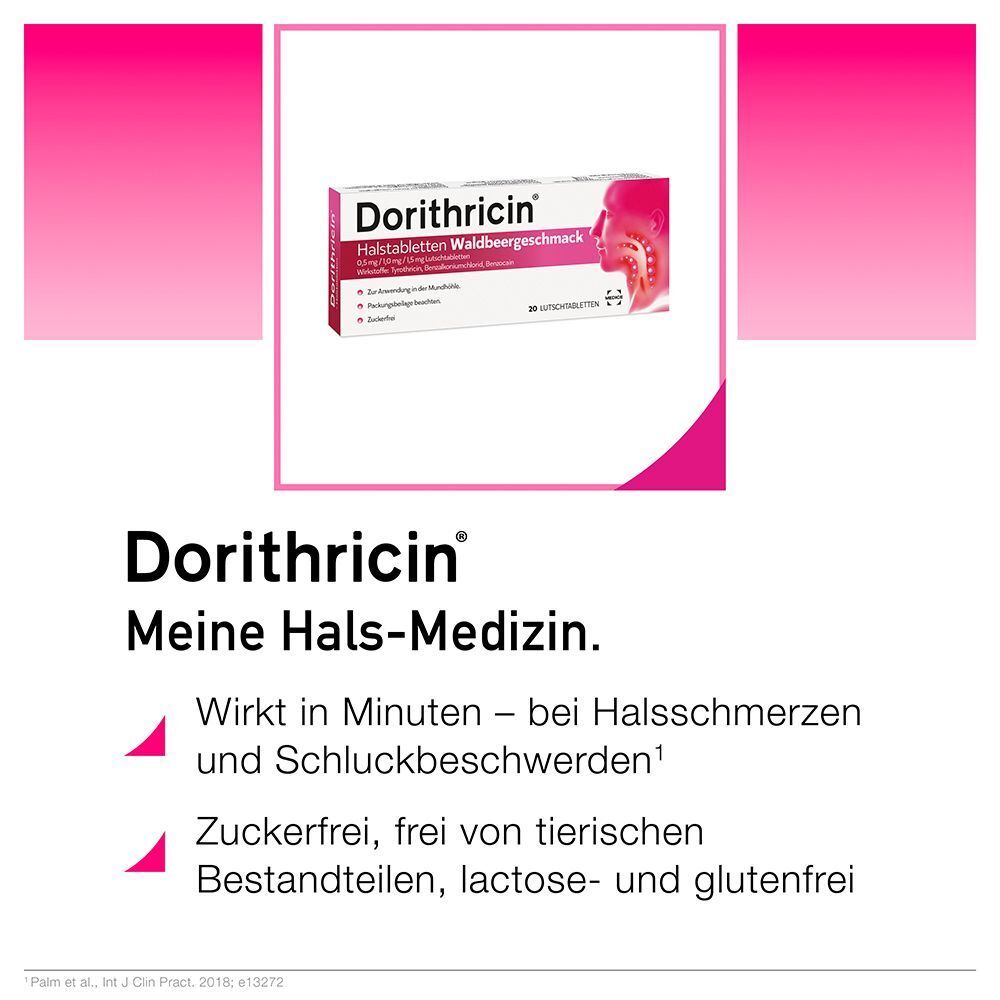 Packung Dorithricin Halstabletten Waldbeergeschmack und Text über schnelle Wirkung.