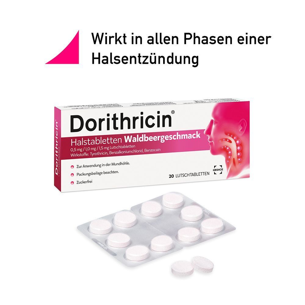 Packung Dorithricin Halstabletten Waldbeergeschmack und eine Blisterpackung mit Tabletten.