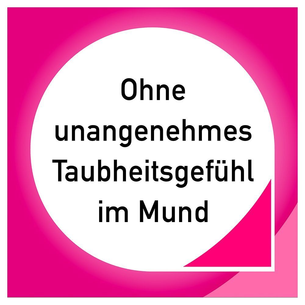 Kreis mit Text 'Ohne unangenehmes Taubheitsgefühl im Mund' auf pinkem Hintergrund.