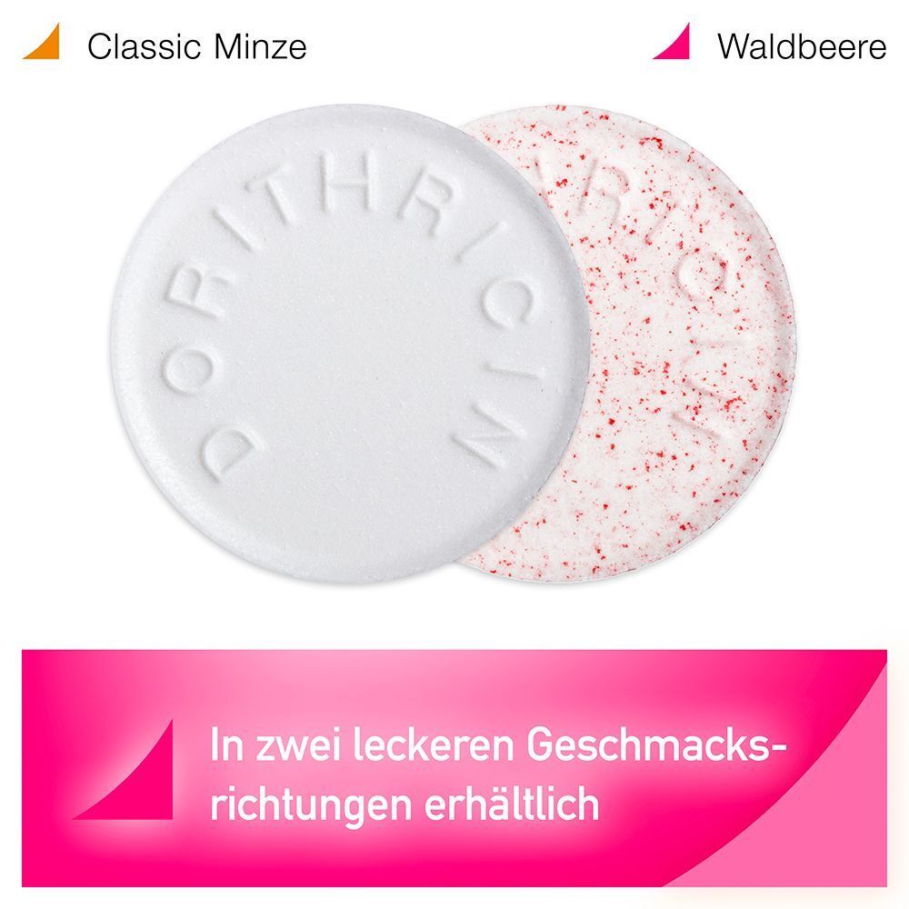 Zwei Dorithricin Halstabletten: Classic Minze und Waldbeere, Text über Geschmacksrichtungen.