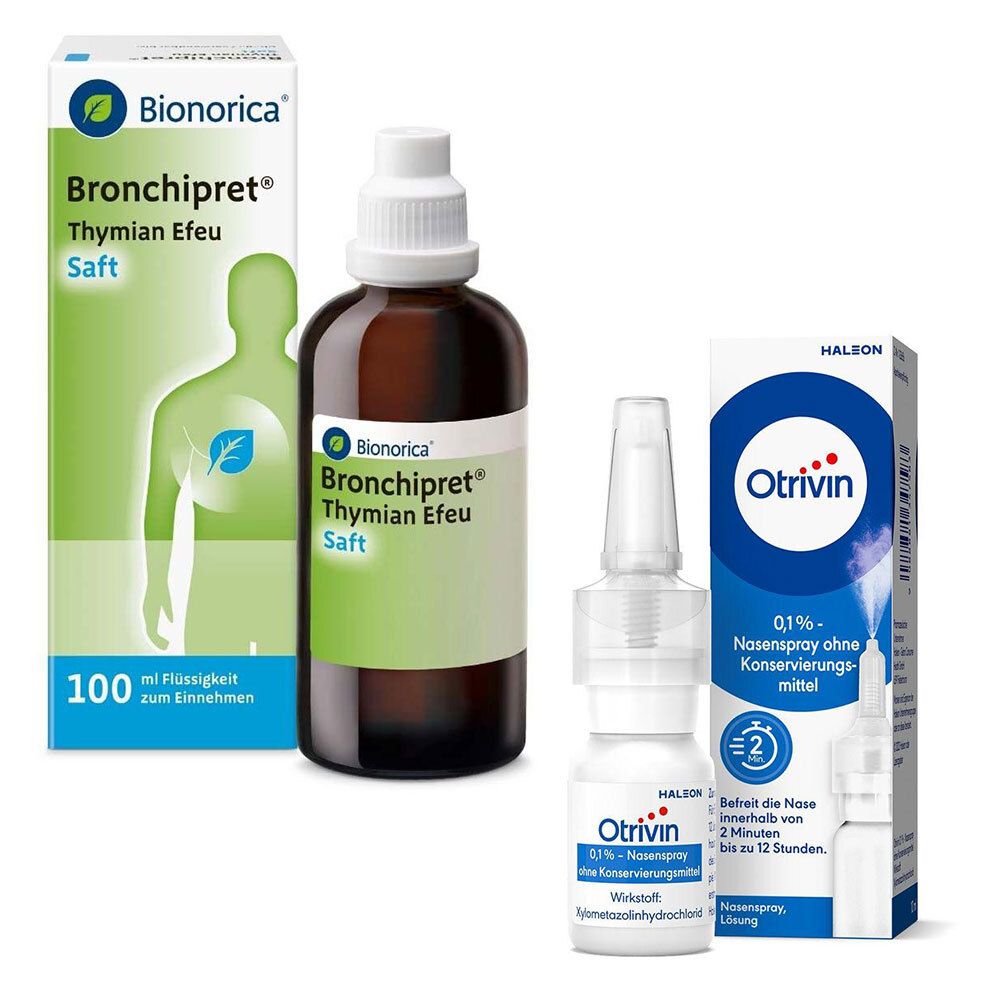 Bronchipret Saft und Otriven Nasenspray 0,1% ohne Konservierungsmittel.
