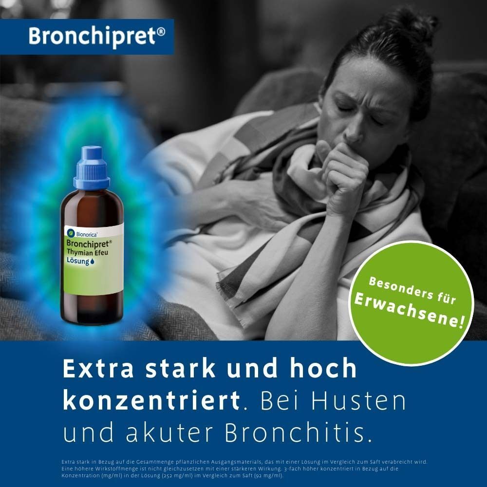 Bronchipret® Lösung Flasche neben einer hustenden Frau. Kreis mit Text: Besonders für Erwachsene!