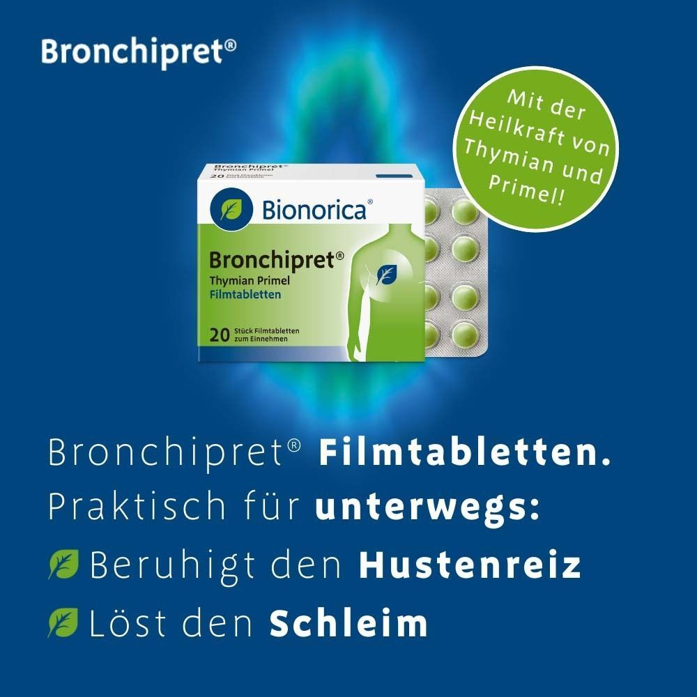 Bronchipret® Filmtabletten Schachtel und Blisterpackung. Kreis mit Text: Mit der Heilkraft von Thymian und Primel! Text: Beruhigt den Hustenreiz, Löst den Schleim.