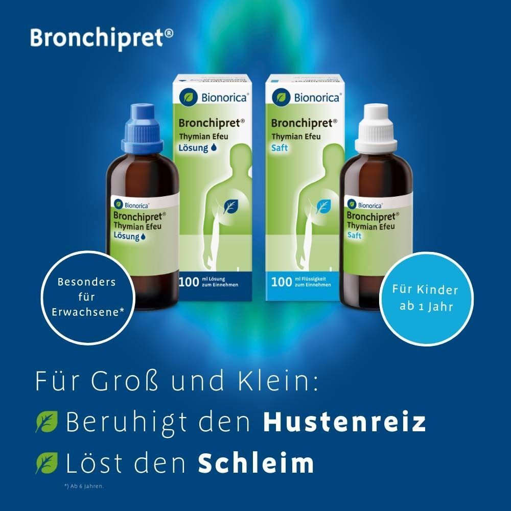 Bronchipret® Lösung und Saft Flaschen mit Schachteln. Kreise: Besonders für Erwachsene! und Für Kinder ab 1 Jahr! Text: Für Groß und Klein: Beruhigt den Hustenreiz, Löst den Schleim.