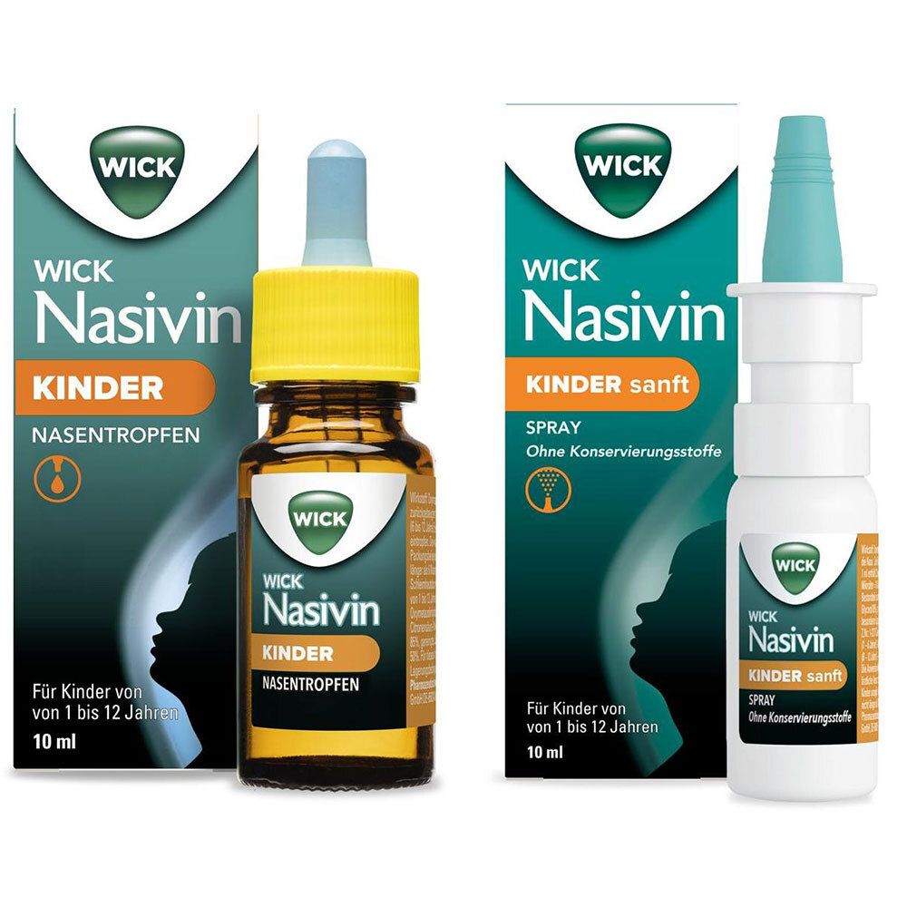 Zwei Nasivin Kinder Produkte: Nasentropfen mit Pipette und Nasenspray, beide für Kinder von 1-12 Jahren.