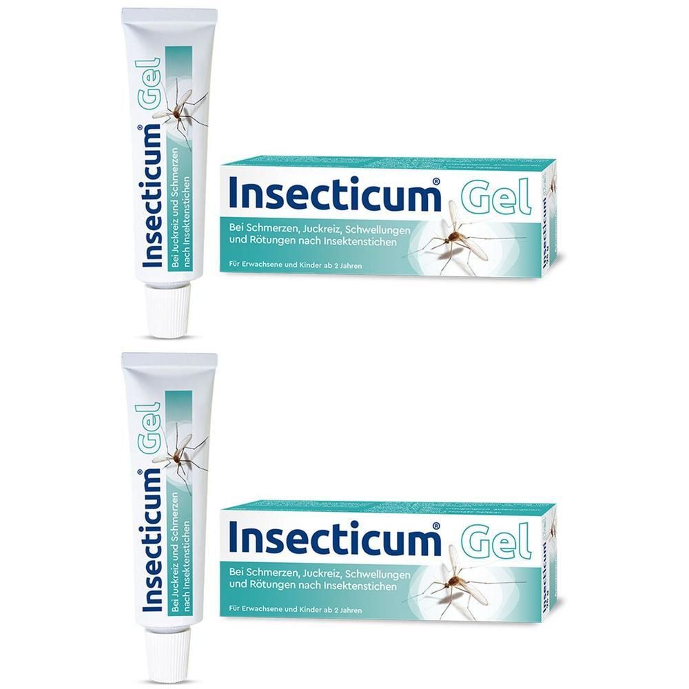 Zwei Tuben und Schachteln Insecticum® Gel mit Mückenabbildung.
