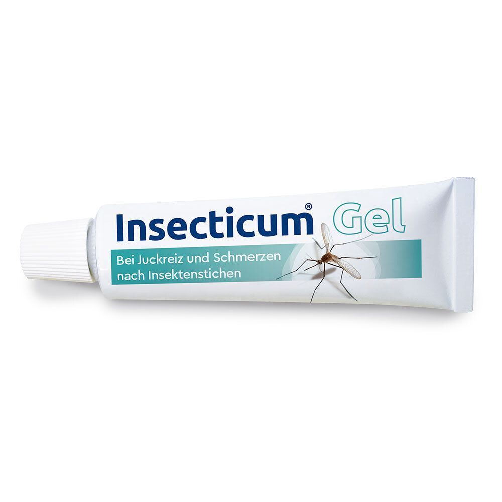 Eine Tube Insecticum® Gel mit Mückenabbildung und Text zu Insektenstichen.