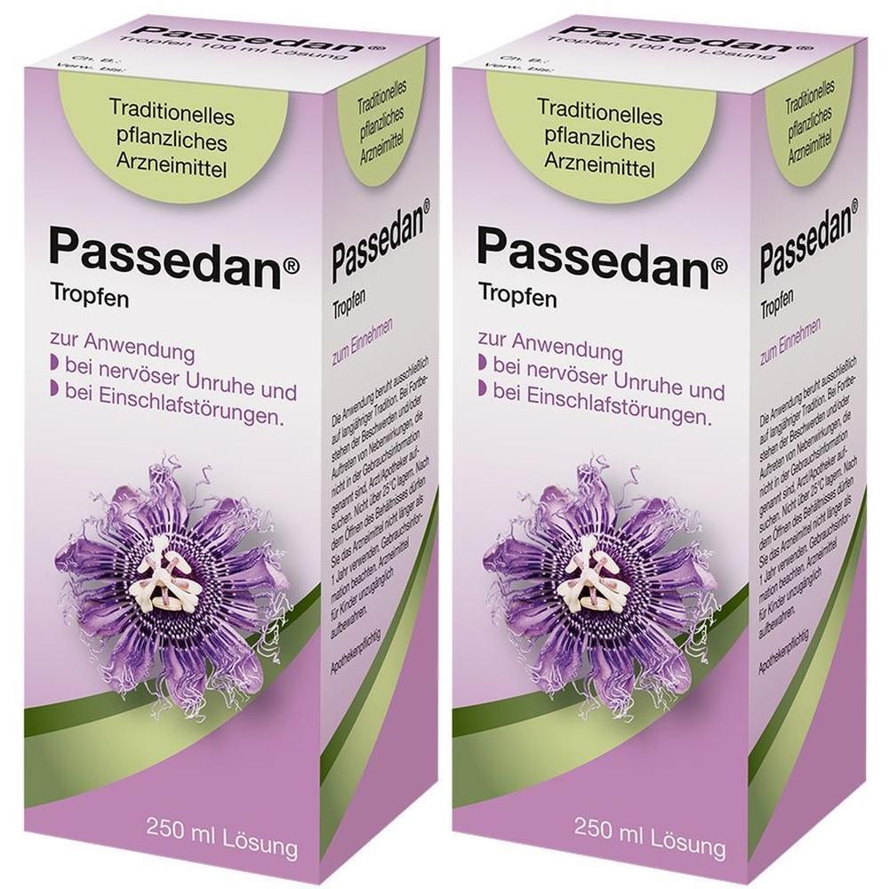 Zwei Packungen "Passedan® Tropfen" mit Passionsblumen-Motiv, 250 ml.