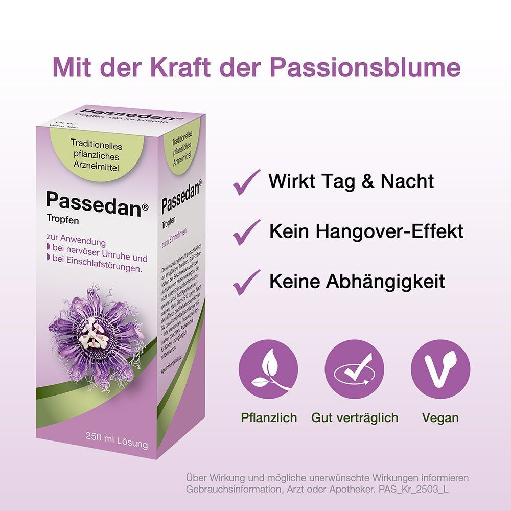 Packung "Passedan® Tropfen" mit Passionsblumen-Motiv. "Wirkt Tag & Nacht", "Kein Hangover-Effekt", "Keine Abhängigkeit".