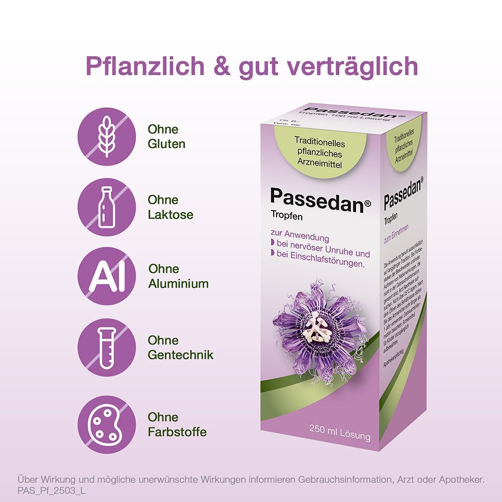 Packung "Passedan® Tropfen" mit Passionsblumen-Motiv. "Ohne Gluten", "Ohne Laktose", "Ohne Aluminium", "Ohne Gentechnik", "Ohne Farbstoffe".