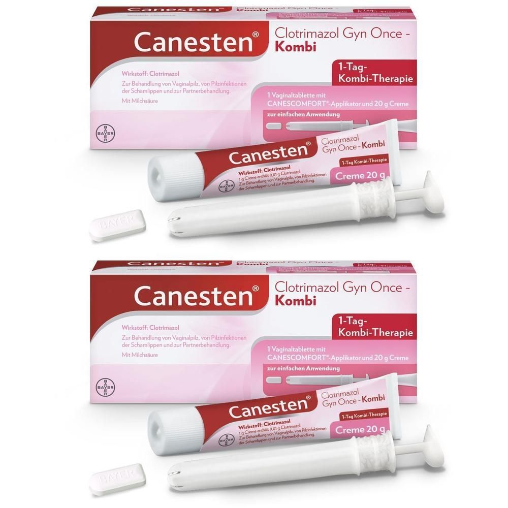 Zwei Packungen Canesten® Clotrimazol Gyn Once Kombi-Therapie mit je einer Tube Creme und einem Applikator.