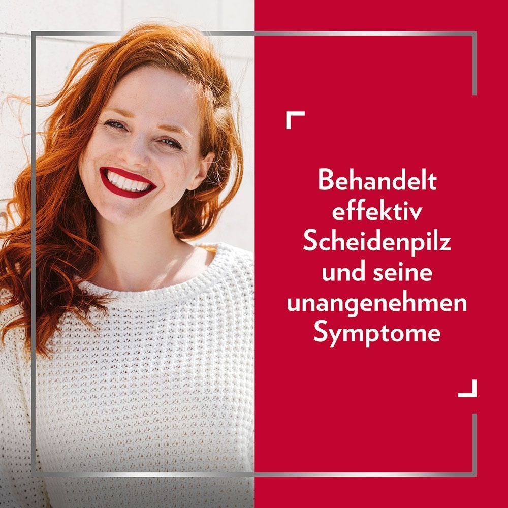 Lächelnde Frau mit roten Haaren. Text: Behandelt effektiv Scheidenpilz und seine unangenehmen Symptome.