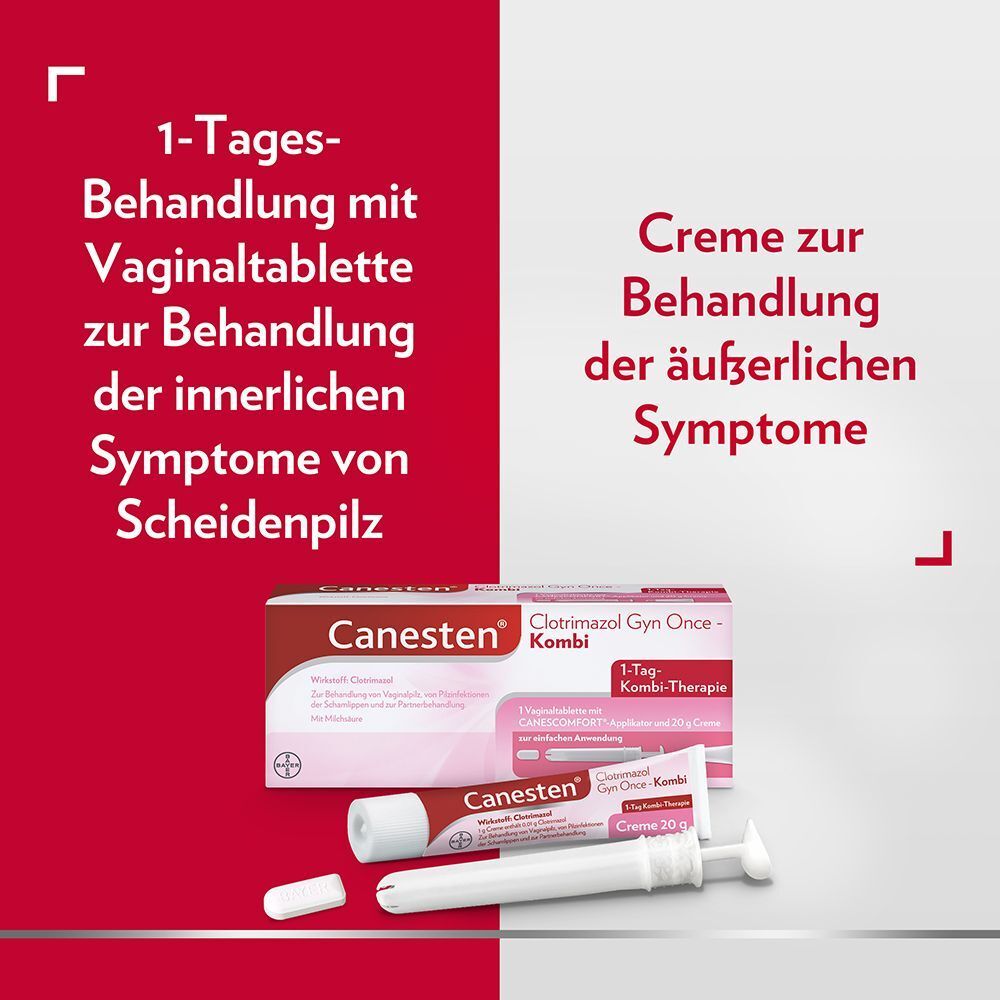 Verpackung und Inhalt von Canesten® Clotrimazol Gyn Once Kombi-Therapie: Vaginaltablette und Creme.