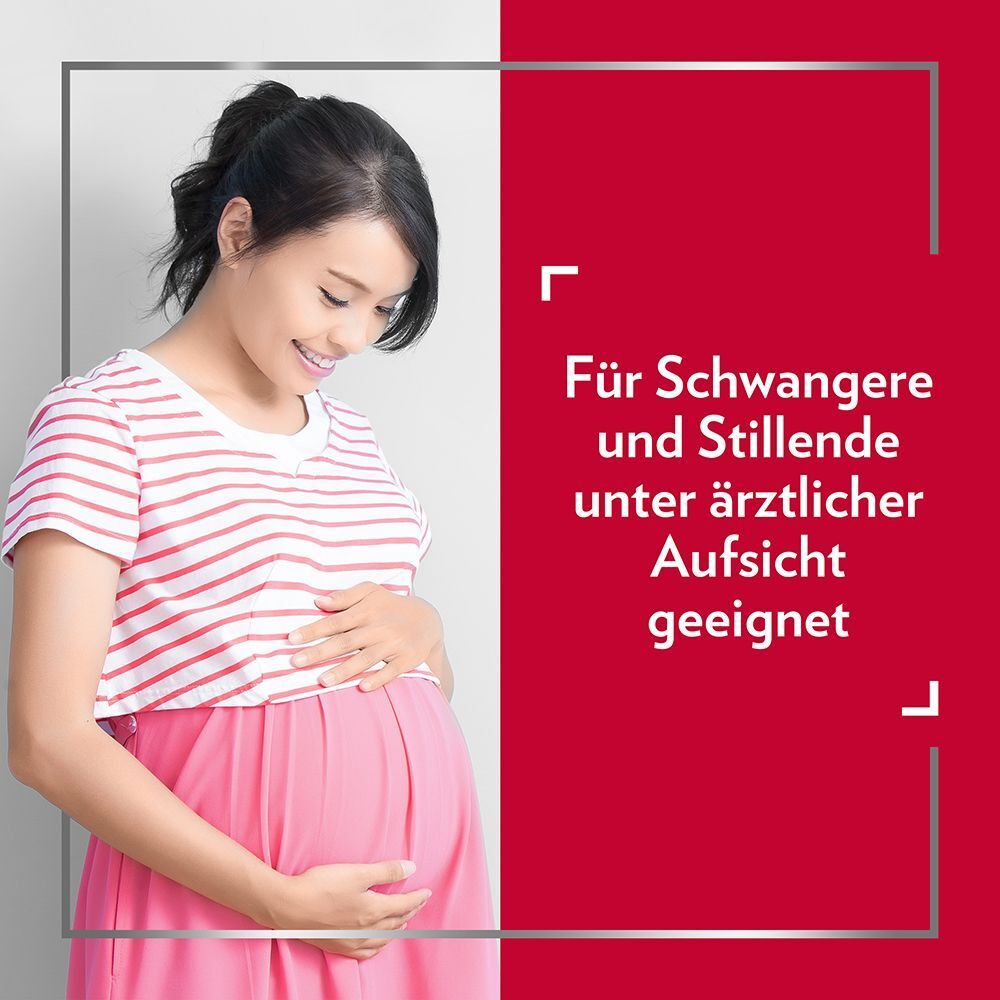 Schwangere Frau hält ihren Bauch. Text: Für Schwangere und Stillende unter ärztlicher Aufsicht geeignet.