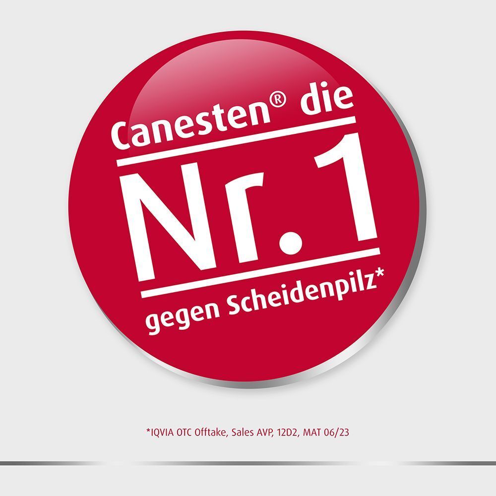 Runder Aufkleber mit "Canesten® die Nr. 1 gegen Scheidenpilz".
