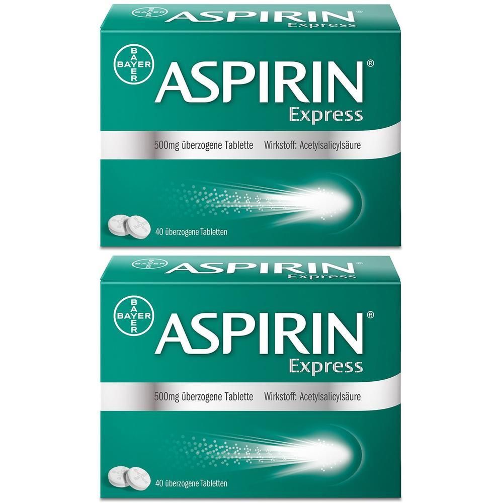 Zwei Packungen Aspirin® Express überzogene Tabletten, 40 Tabletten pro Packung.