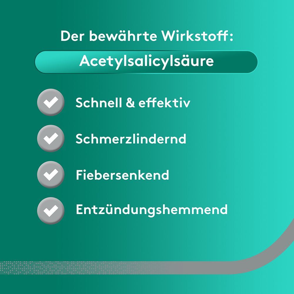 Liste der Vorteile von Acetylsalicylsäure: schnell, schmerzlindernd, fiebersenkend, entzündungshemmend.