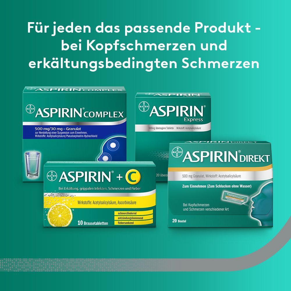 Verschiedene Aspirin® Produkte: Complex, Express, +C, Direkt.